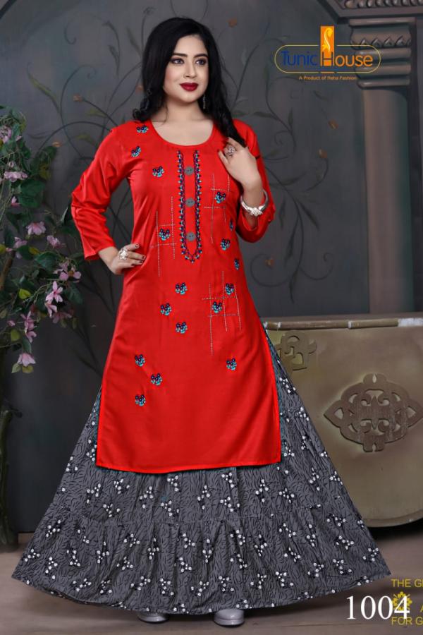 Tunic House Nexa 4 Fancy Rayon Embroidery Kurti With Skirt 